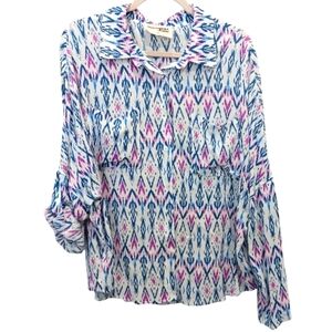 Savanna Jane Top Womens L White Blue Purple Geometric Rayon Button-up roll tab